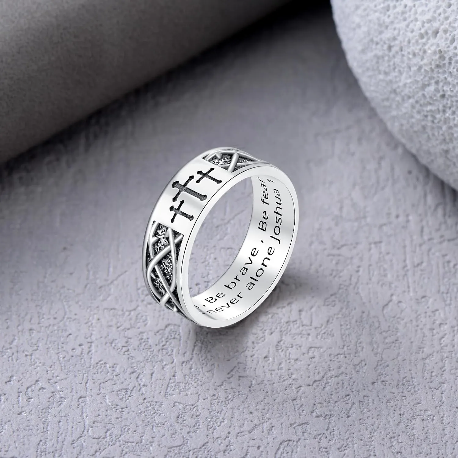 925 Sterling Silver Cross Band Ring for Men with Joshua 1:9 Size 8/9/10/11/12/13 Christian Rings for Dad Son