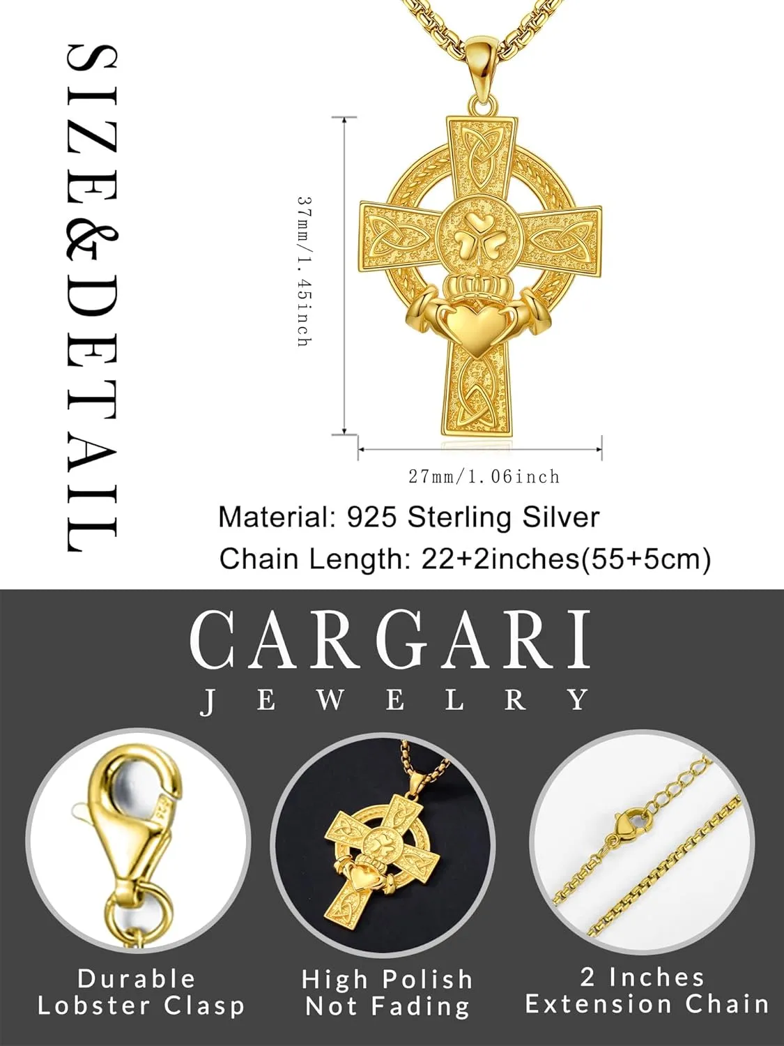 925 Sterling Silver Cross Pendant Necklace for Men Women Amulet Necklace Protection Jewelry Religious Gifts with 22" 2" Rolo Chain(With Gift Box)