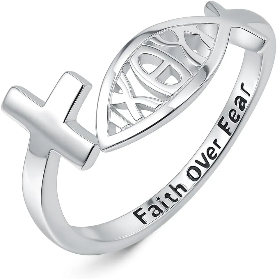 925 Sterling Silver Cross Ring Jesus Fish Ring - Faith-Inspired Christian Jewelry for Women Adjustable Religious Ring for Church Members