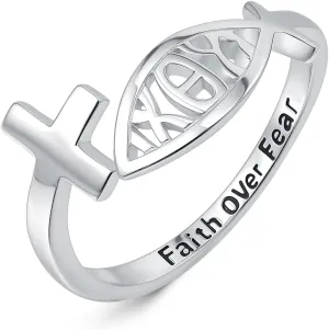 925 Sterling Silver Cross Ring Jesus Fish Ring - Faith-Inspired Christian Jewelry for Women Adjustable Religious Ring for Church Members