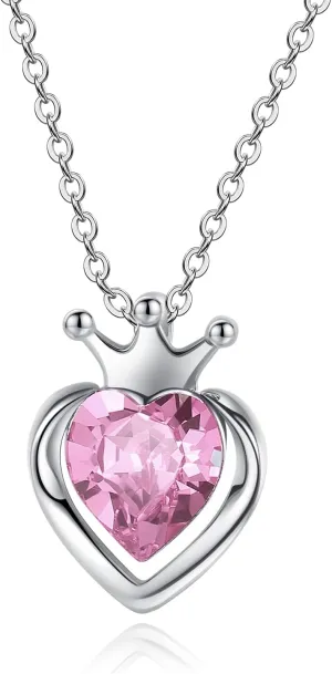 925 Sterling Silver crown Heart Crystal Necklace, Silver crown Pendant Necklace Birthday Jewelry Gifts for Women (Pink)