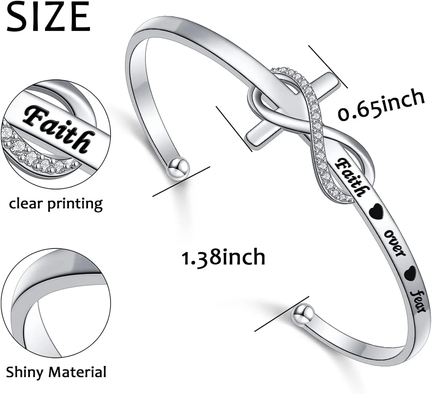 925 Sterling Silver Engraved Faith Over Fear Heart Infinity Cross Charm Cuff Bangle Sideways Cross Bracelet Bible Verse Religious Gift for Women Catholic