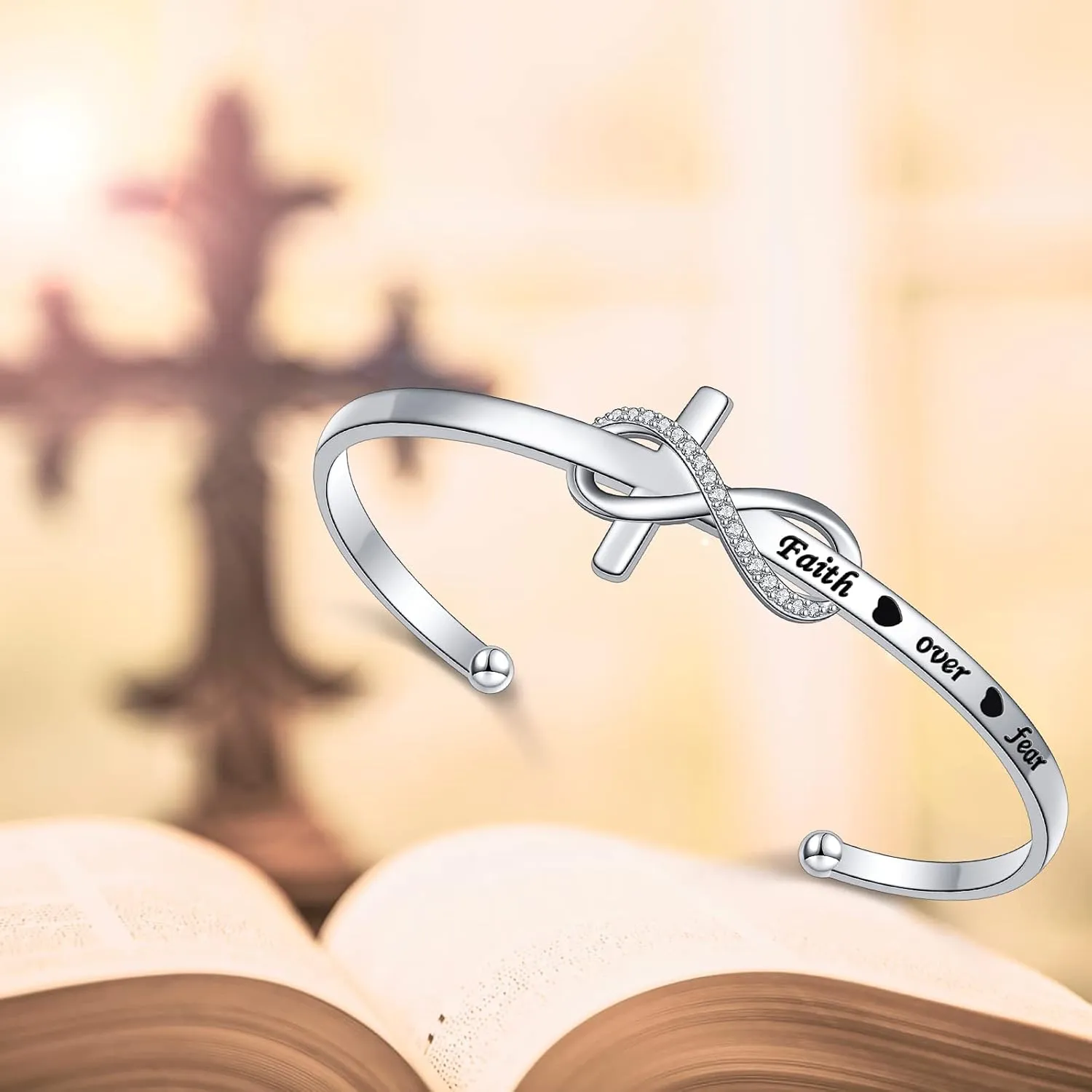 925 Sterling Silver Engraved Faith Over Fear Heart Infinity Cross Charm Cuff Bangle Sideways Cross Bracelet Bible Verse Religious Gift for Women Catholic