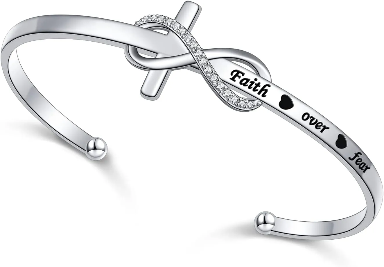 925 Sterling Silver Engraved Faith Over Fear Heart Infinity Cross Charm Cuff Bangle Sideways Cross Bracelet Bible Verse Religious Gift for Women Catholic