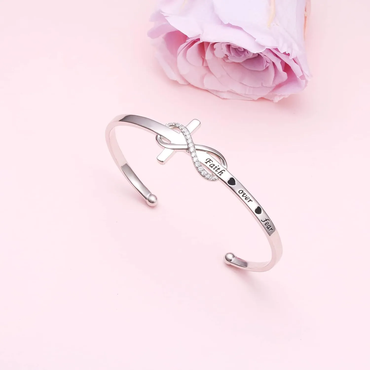 925 Sterling Silver Engraved Faith Over Fear Heart Infinity Cross Charm Cuff Bangle Sideways Cross Bracelet Bible Verse Religious Gift for Women Catholic