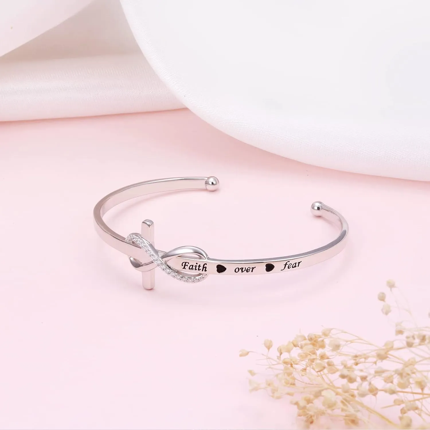 925 Sterling Silver Engraved Faith Over Fear Heart Infinity Cross Charm Cuff Bangle Sideways Cross Bracelet Bible Verse Religious Gift for Women Catholic