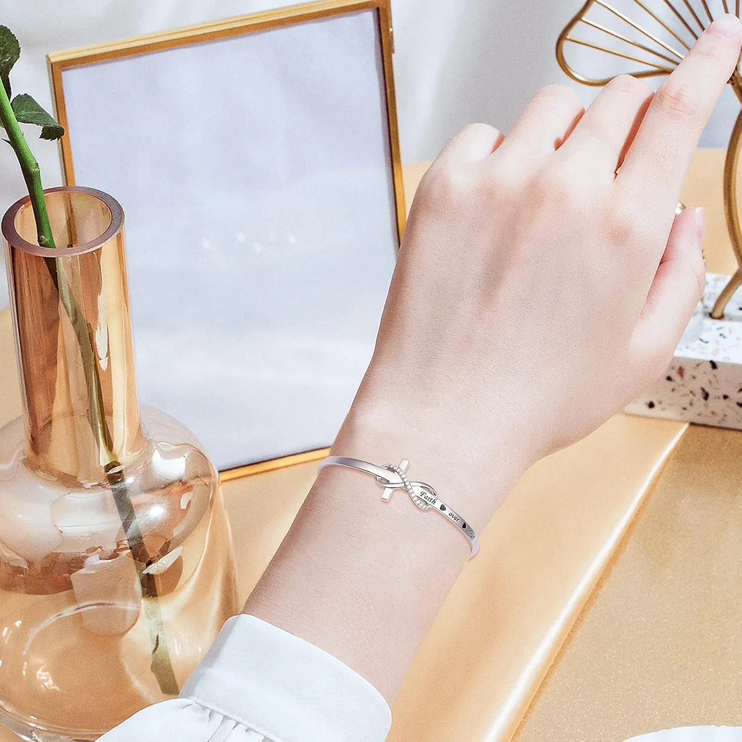 925 Sterling Silver Engraved Faith Over Fear Heart Infinity Cross Charm Cuff Bangle Sideways Cross Bracelet Bible Verse Religious Gift for Women Catholic