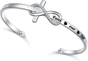 925 Sterling Silver Engraved Faith Over Fear Heart Infinity Cross Charm Cuff Bangle Sideways Cross Bracelet Bible Verse Religious Gift for Women Catholic