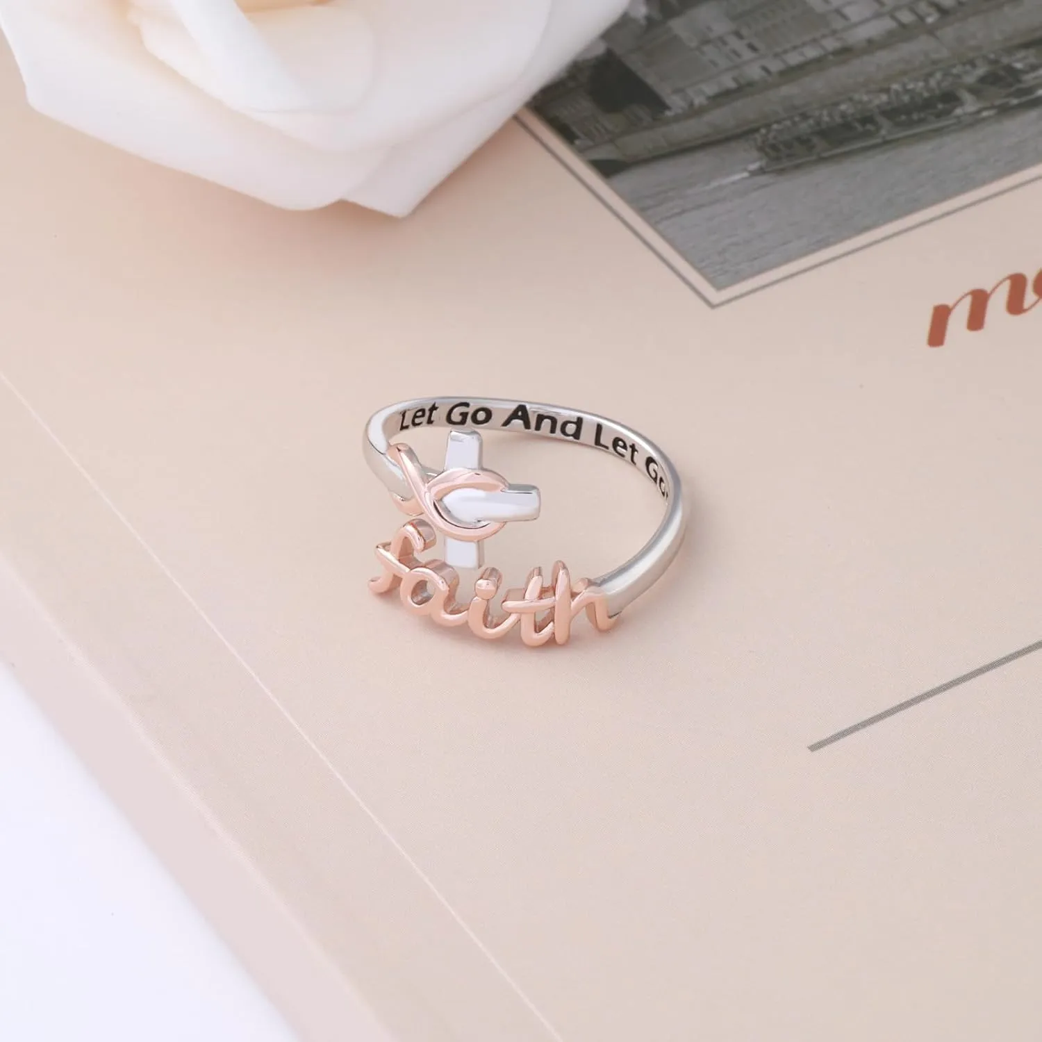 925 Sterling Silver Faith Ring for Women - Adjustable Infinity Cross Wrap Inspirational Just Breathe Let Go and Let God - Christmas Jewelry Gift for Daughter