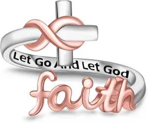 925 Sterling Silver Faith Ring for Women - Adjustable Infinity Cross Wrap Inspirational Just Breathe Let Go and Let God - Christmas Jewelry Gift for Daughter