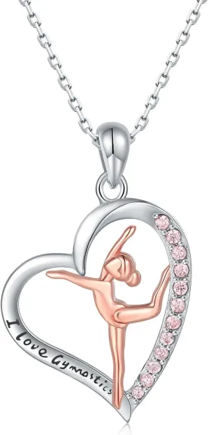 925 Sterling Silver Gymnastics Pendant Necklace for Daughter Gymnastics Gift for Daughter USA Gymnast Heart Pendant Jewelry Gift Gymnastics Sport Necklace Fashion Jewelry for Granddaughter Christmas Gift