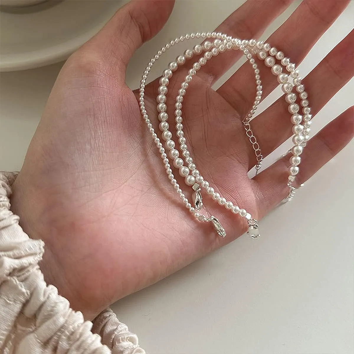 925 Sterling Silver Imitation Pearls Bracelet Classic Multiple Sizes of Faux Pearls Beaded Bracelets for Women Jewelry Gift