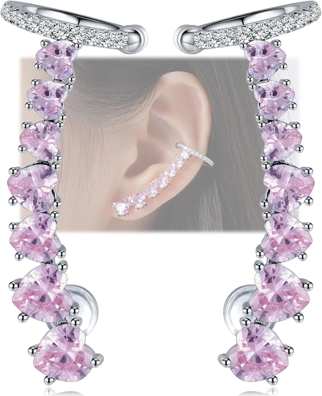 925 Sterling Silver Post Stud Earrings for Women Cartilage Ear Cuffs Hoop Climber 7 Multcolors Cubic Zirconia CZ Hypoallergenic Piercing Gifts For Her