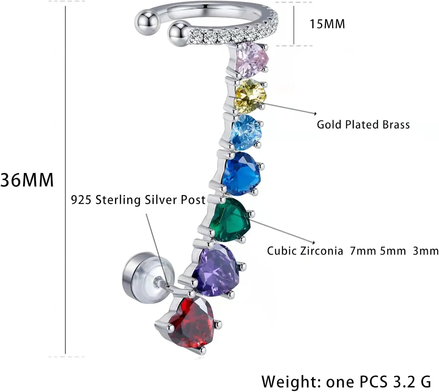 925 Sterling Silver Post Stud Earrings for Women Cartilage Ear Cuffs Hoop Climber 7 Multcolors Cubic Zirconia CZ Hypoallergenic Piercing Gifts For Her
