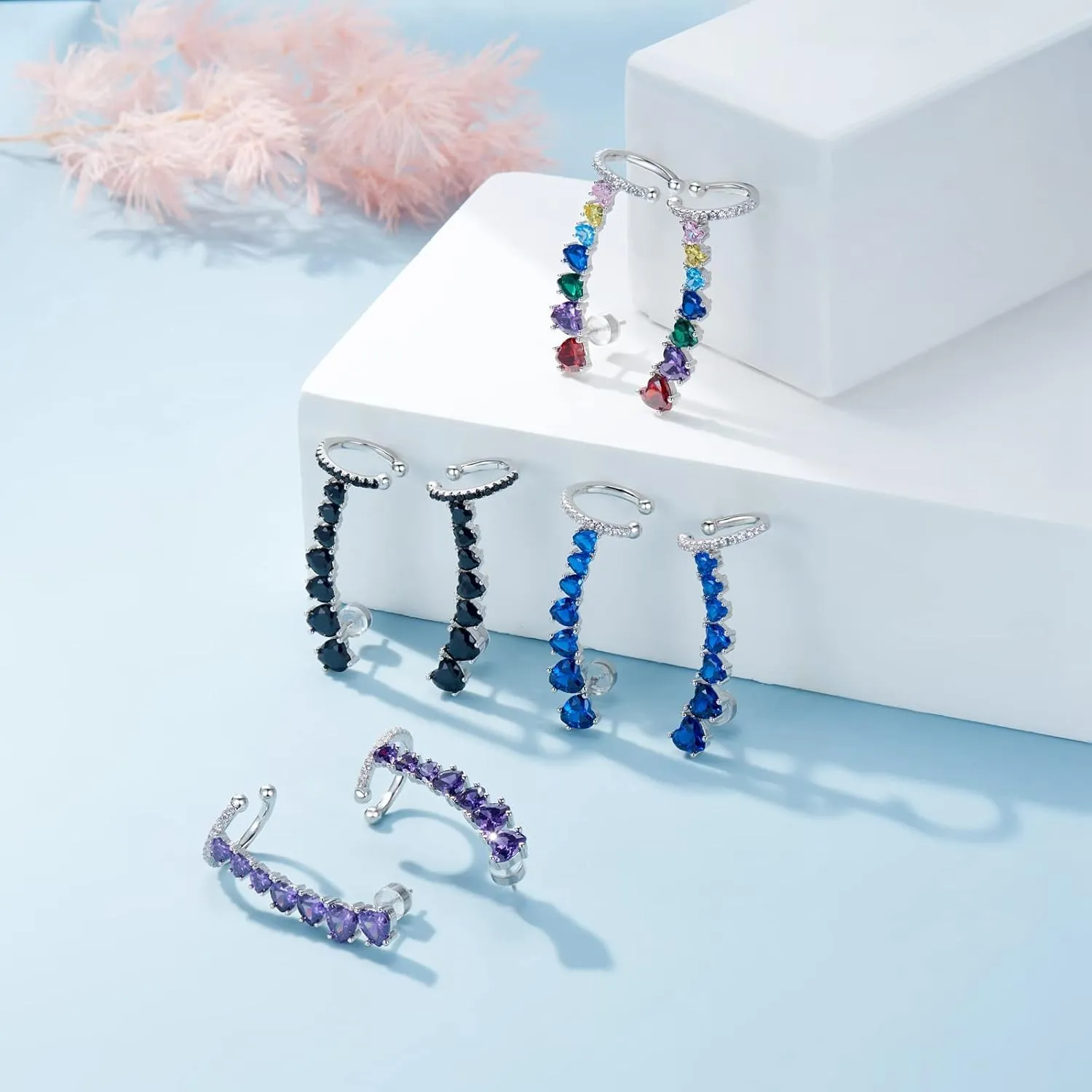 925 Sterling Silver Post Stud Earrings for Women Cartilage Ear Cuffs Hoop Climber 7 Multcolors Cubic Zirconia CZ Hypoallergenic Piercing Gifts For Her