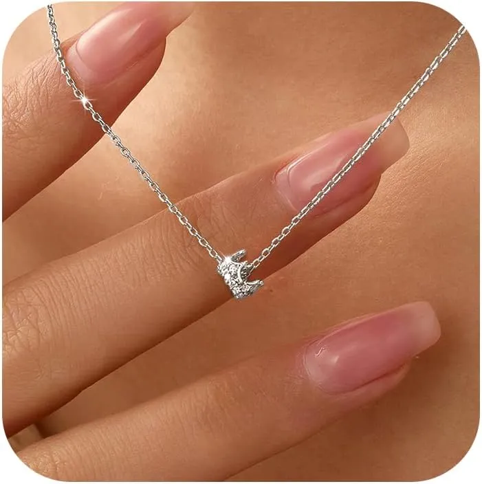 925 Sterling Silver Princess Crown Charm Necklace for Women Round CZ Queen Dainty Pendant Luck Necklace 14K Gold Plated Royal Delicate Crystal Choker Cute to Daughter Mother Wedding Birthday Jewelry