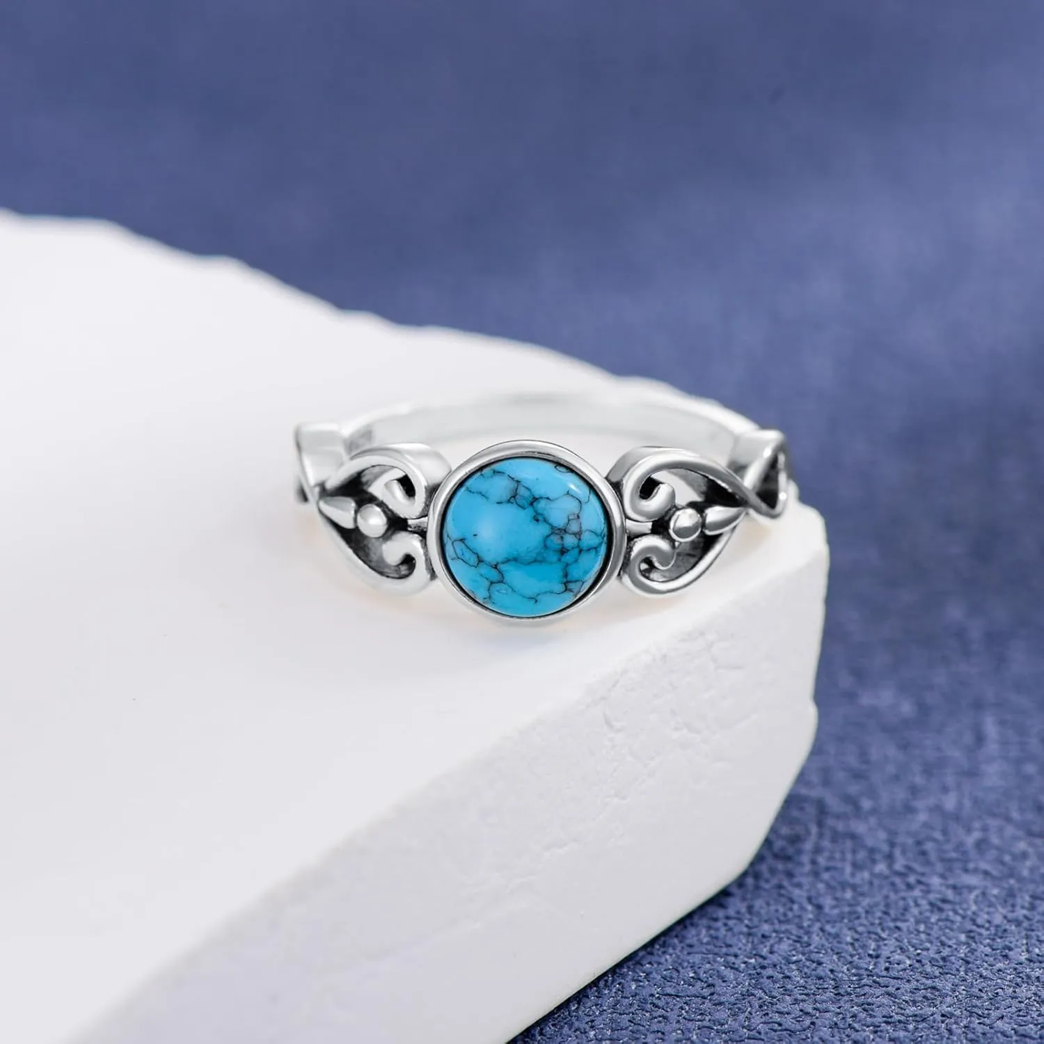925 Sterling Silver Round Turquoise Ring Vintage Boho Rings Oxidized Wrap Ring Victorian Style Jewelry Gifts for Women