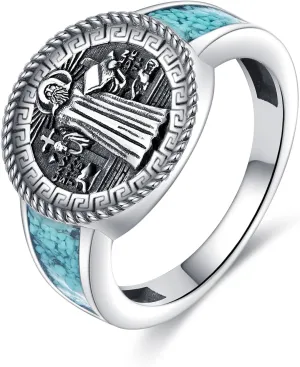 925 Sterling Silver Saint Ring St. Michael/Benedict The Great Protector Archangel Defeating Satan Religious Amulet Signet Ring Saint Jewelry Gifts for Men Women