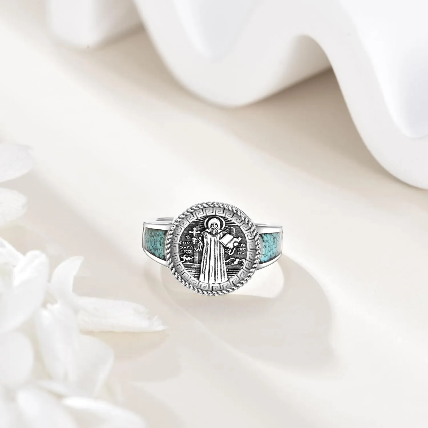 925 Sterling Silver Saint Ring St. Michael/Benedict The Great Protector Archangel Defeating Satan Religious Amulet Signet Ring Saint Jewelry Gifts for Men Women
