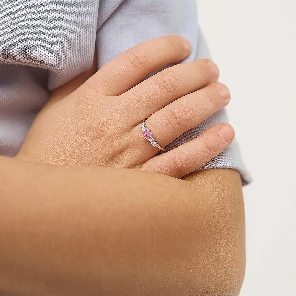 925 Sterling Silver Size 2-5 Brilliant Clear Round & Pink Heart Cubic Zirconia Rings for Girls - Fashionable CZ Ring Bands for Preteens & Teens - Cute Heart Jewelries for Young Girl's Daily Accessory