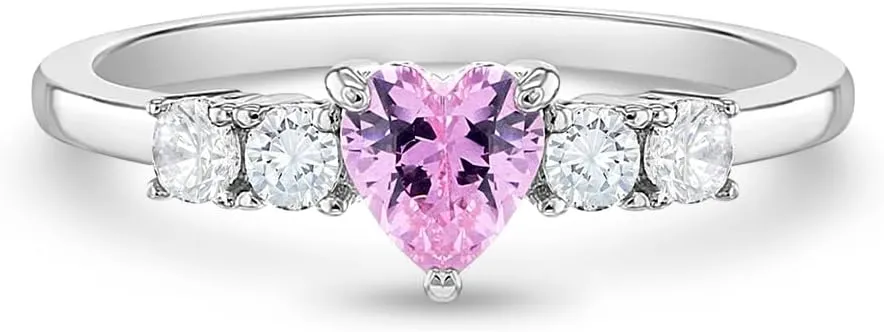 925 Sterling Silver Size 2-5 Brilliant Clear Round & Pink Heart Cubic Zirconia Rings for Girls - Fashionable CZ Ring Bands for Preteens & Teens - Cute Heart Jewelries for Young Girl's Daily Accessory