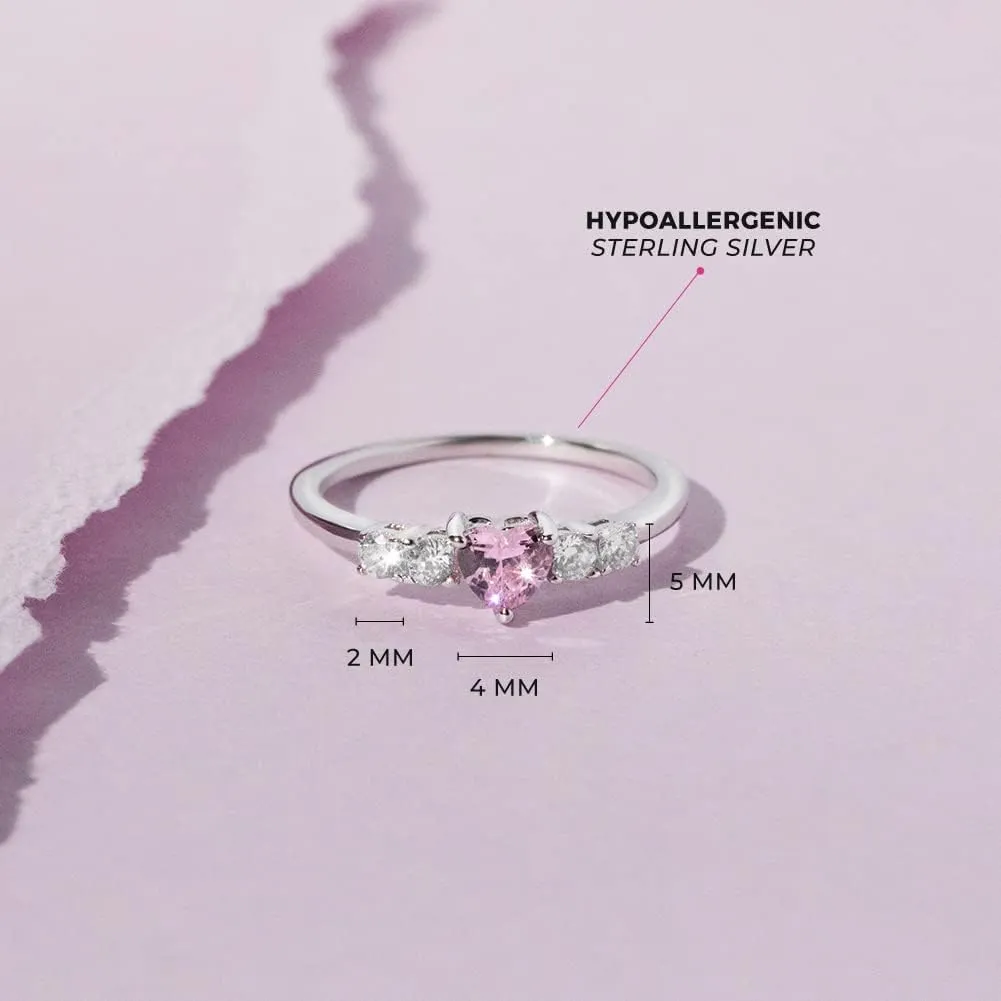 925 Sterling Silver Size 2-5 Brilliant Clear Round & Pink Heart Cubic Zirconia Rings for Girls - Fashionable CZ Ring Bands for Preteens & Teens - Cute Heart Jewelries for Young Girl's Daily Accessory