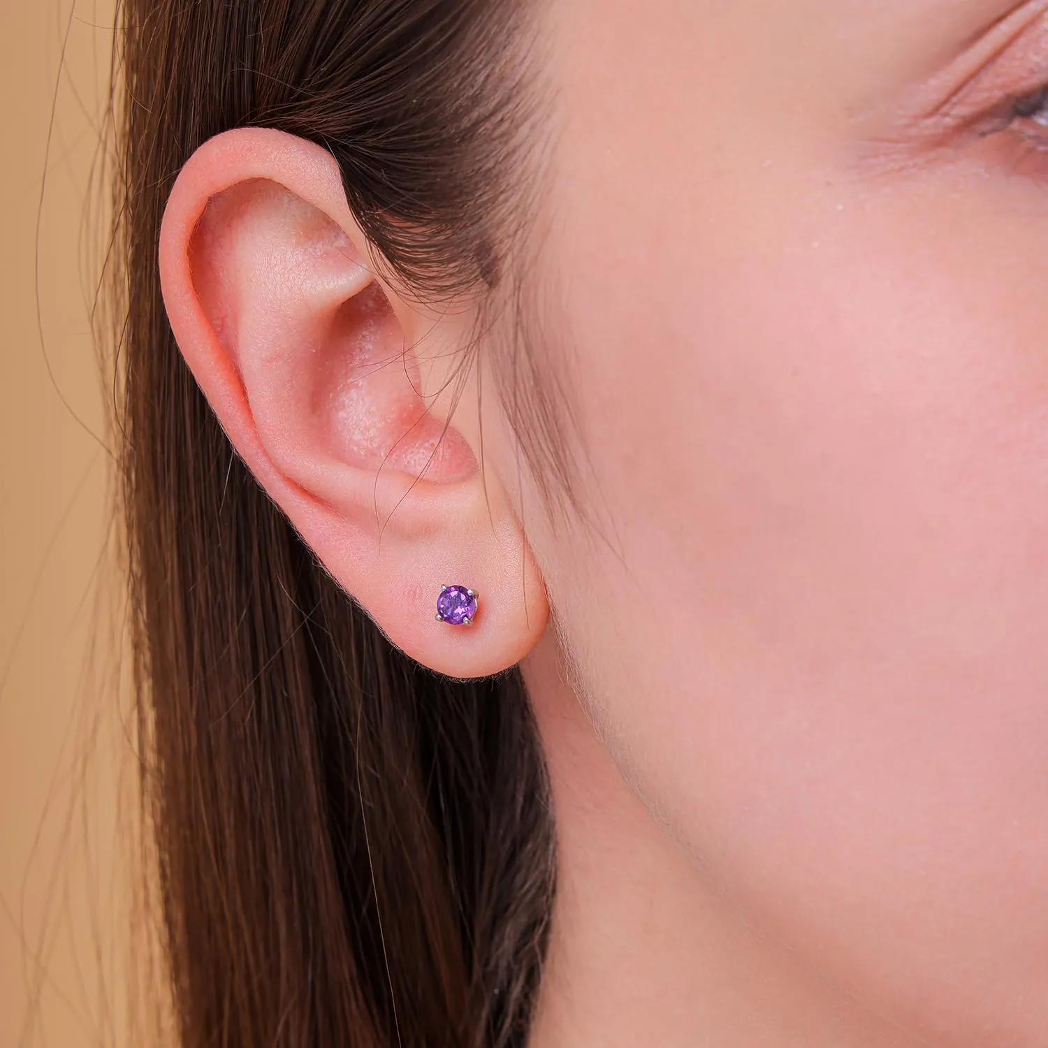 925 Sterling Silver Stud Earrings For Women & Girls, 4mm Hypoallergenic Stud, Birthstone, Cartilage Earring, Solitaire, Valentine's Day (amethyst)