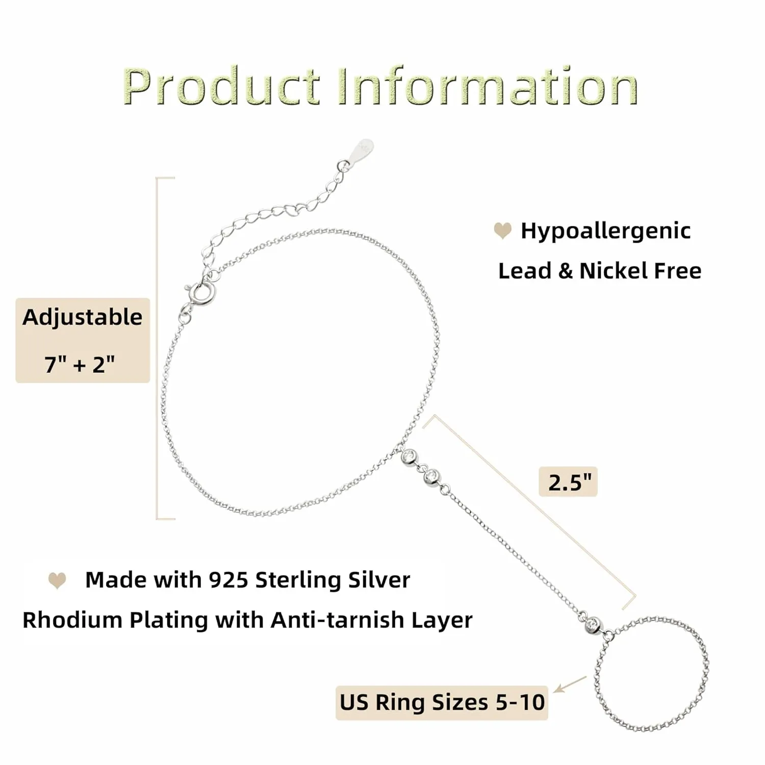 925 Sterling Silver Triple Solitaire CZ Diamond Finger Ring Bracelet Hand Chain for Women, Slave Bracelets Adjustable