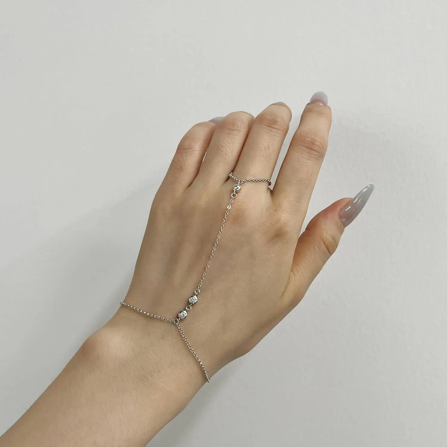 925 Sterling Silver Triple Solitaire CZ Diamond Finger Ring Bracelet Hand Chain for Women, Slave Bracelets Adjustable