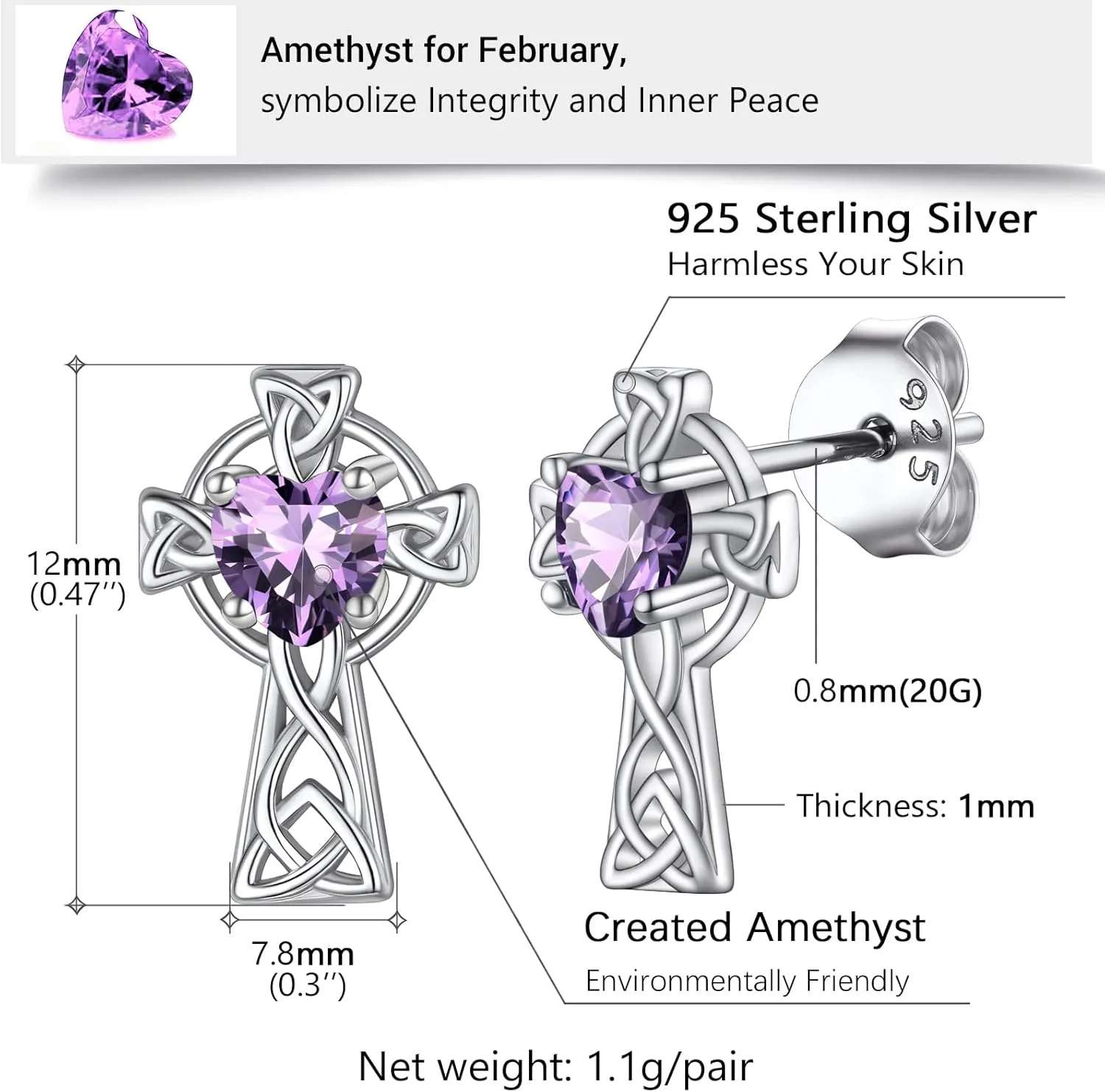925 Sterling Silver Vintage Celtic Cross Stud Earrings for Women, Birthstone Earrings Jan - Dec, Hypoallergenic, Come Box