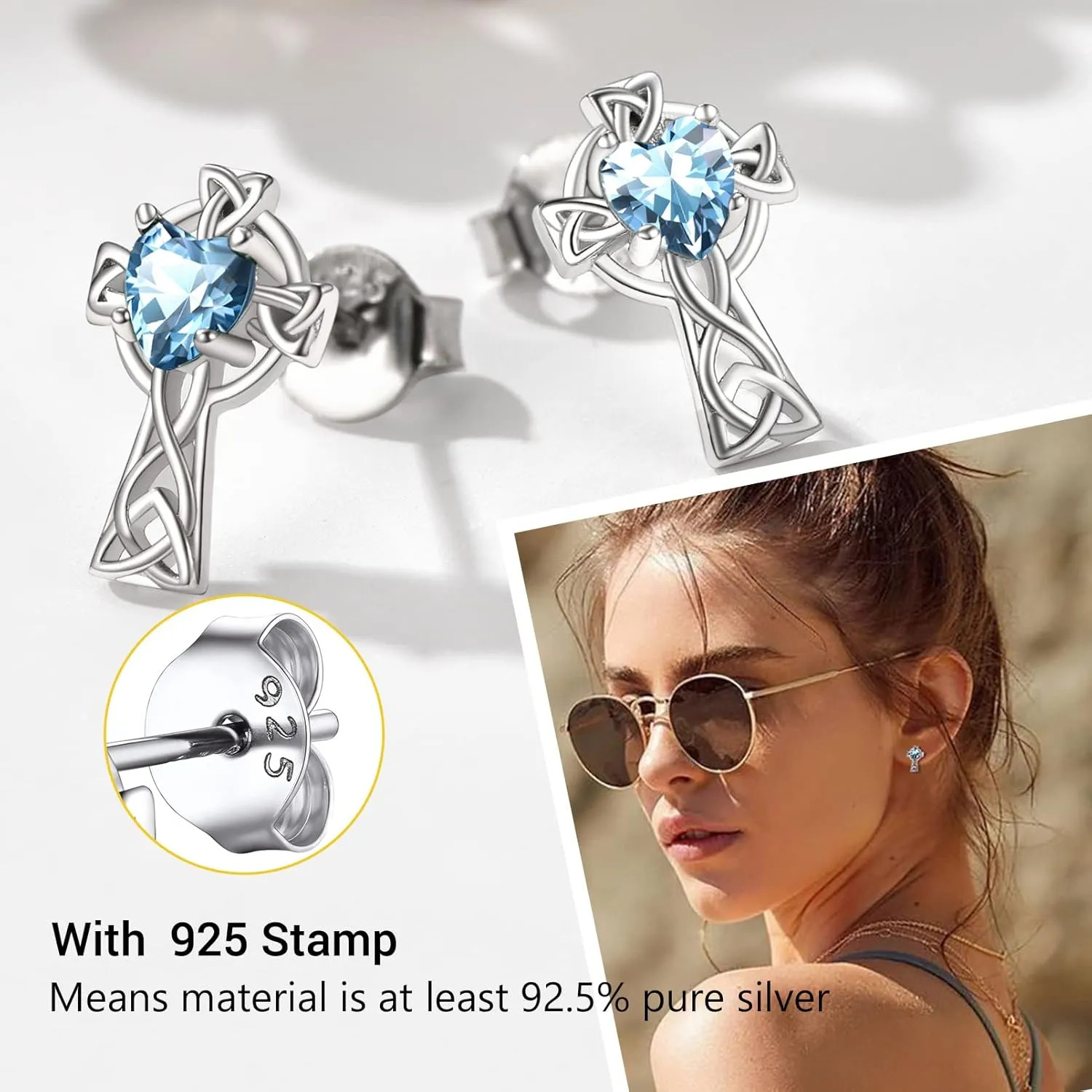 925 Sterling Silver Vintage Celtic Cross Stud Earrings for Women, Birthstone Earrings Jan - Dec, Hypoallergenic, Come Box