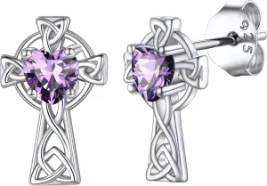 925 Sterling Silver Vintage Celtic Cross Stud Earrings for Women, Birthstone Earrings Jan - Dec, Hypoallergenic, Come Box