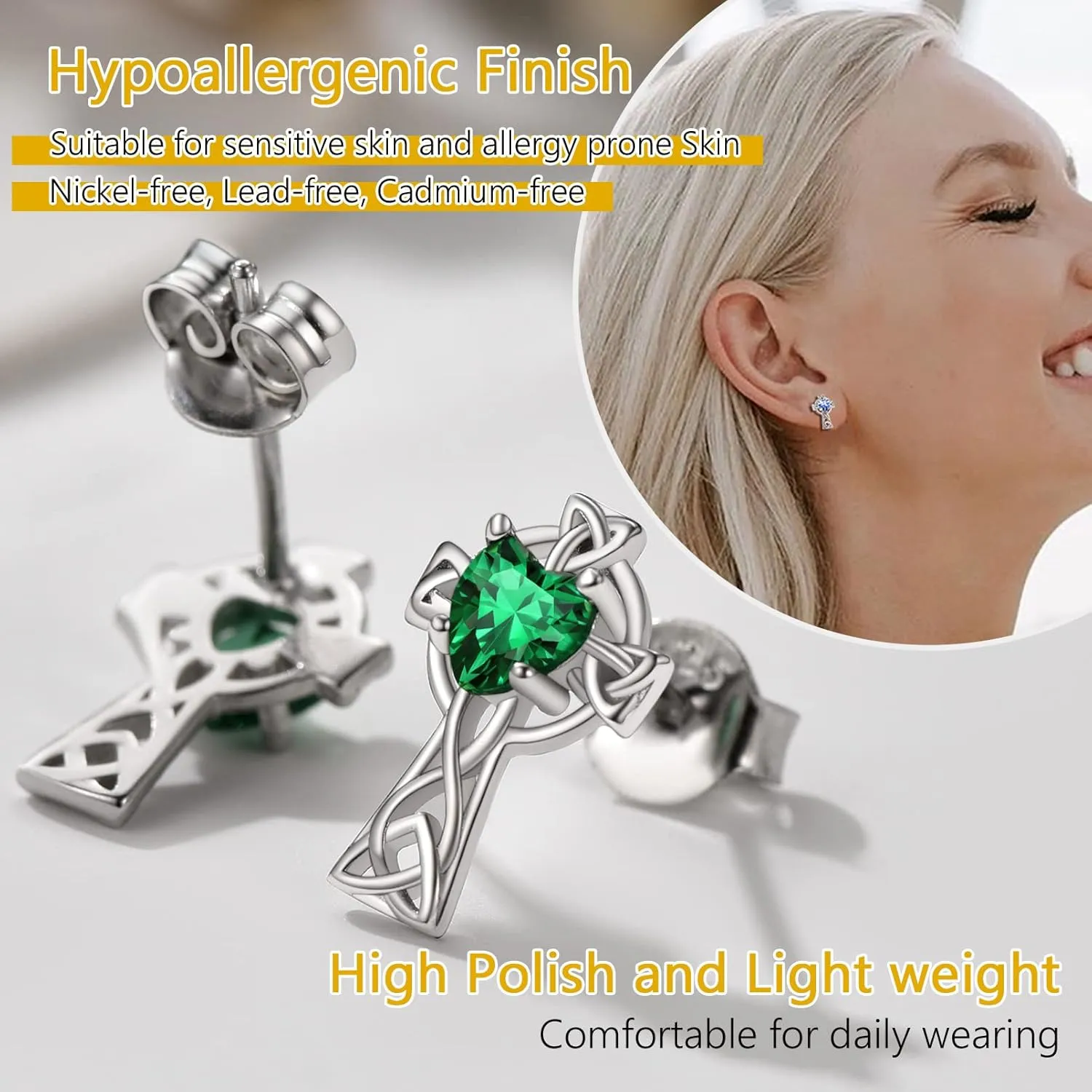 925 Sterling Silver Vintage Celtic Cross Stud Earrings for Women, Birthstone Earrings Jan - Dec, Hypoallergenic, Come Box