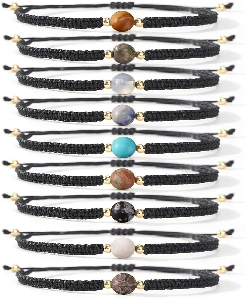 9Pcs Solar System Constellation Sign Beaded Black Bracelets Set for Women Men Adjustable Star Natural Crystal Healing Jewelry Birthday Friendship Gift for Lovers Mom Sister