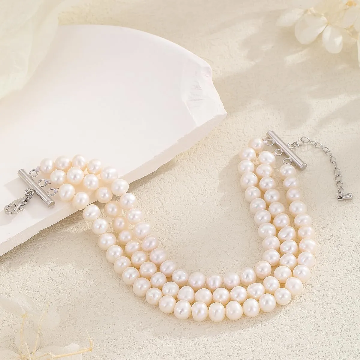 AAA  Quality Natural Freshwater Pearl Bracelet for Women | 6.5-7mm Round White Pearls with 925 Sterling Silver Lobster Buckle