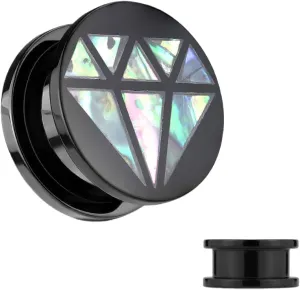 Abalone Inlaid Gem Design Black Acrylic Screw Fit Flesh Tunnels Ear Plugs Gauges 5/8" (16 mm) Body Unique Jewelry Delicate Design Piercing Steel Surgical For Women