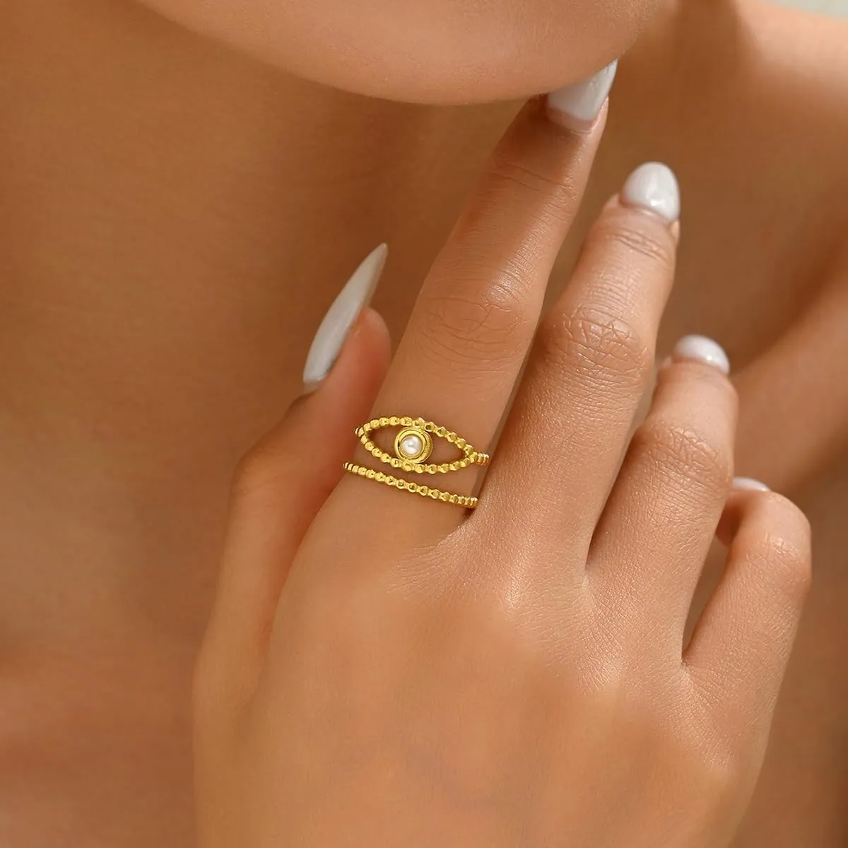 Adjustable Rings for Women 18K Gold Plated Open Rings Dainty Evil Eye Flower Chevron Stars Sun Moon Stackable Gold Ring Jewelry Gift