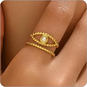 Adjustable Rings for Women 18K Gold Plated Open Rings Dainty Evil Eye Flower Chevron Stars Sun Moon Stackable Gold Ring Jewelry Gift