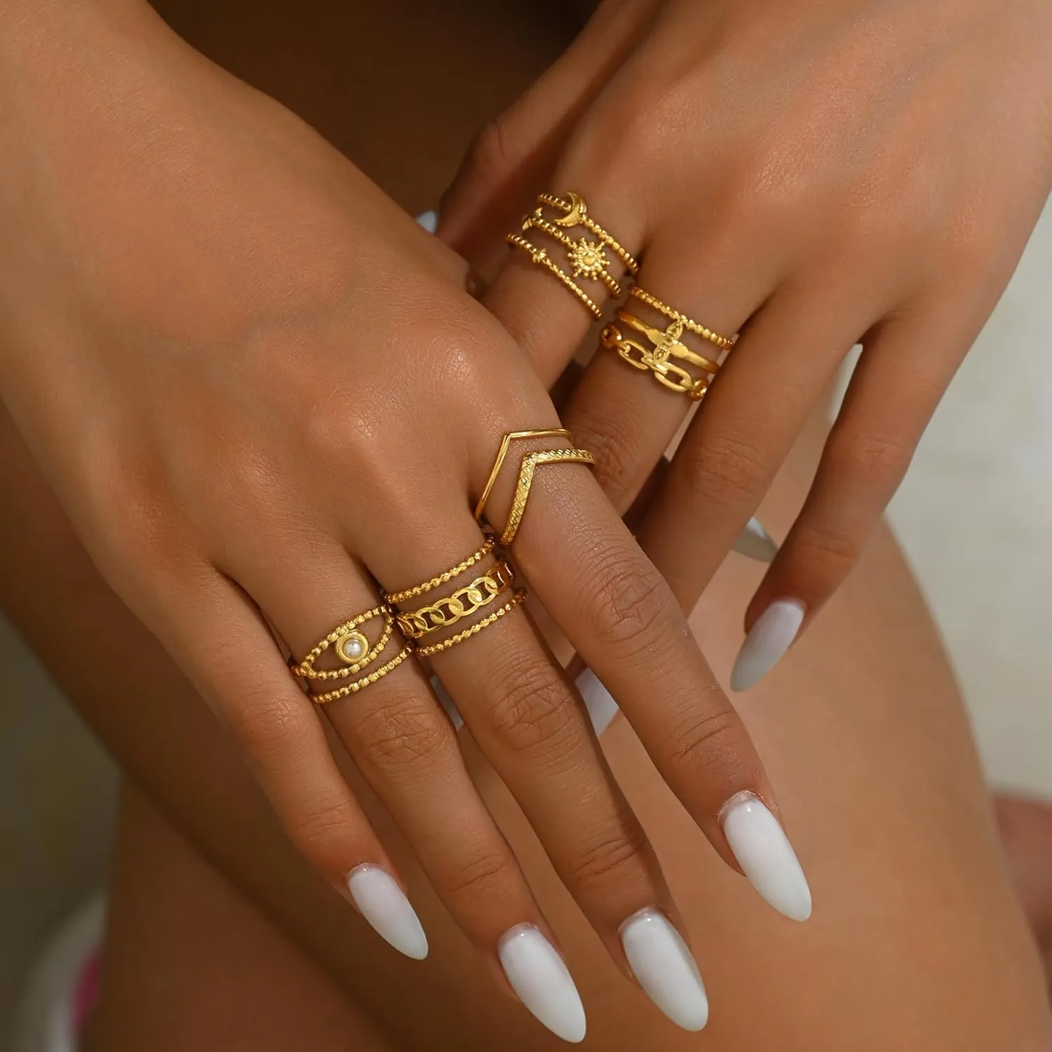 Adjustable Rings for Women 18K Gold Plated Open Rings Dainty Evil Eye Flower Chevron Stars Sun Moon Stackable Gold Ring Jewelry Gift