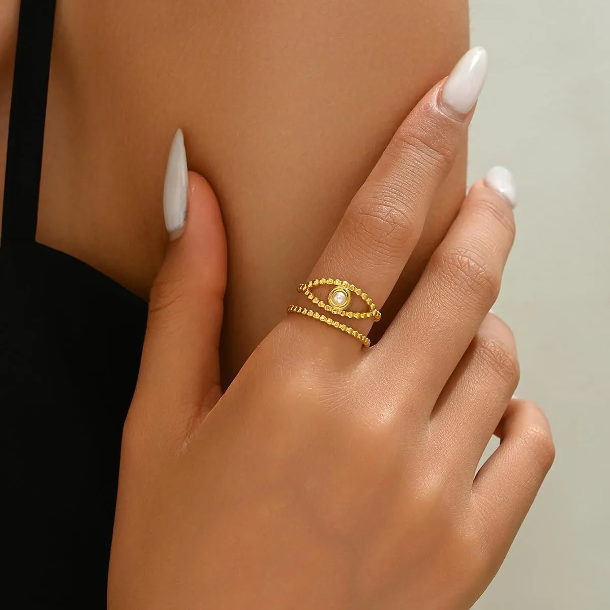 Adjustable Rings for Women 18K Gold Plated Open Rings Dainty Evil Eye Flower Chevron Stars Sun Moon Stackable Gold Ring Jewelry Gift