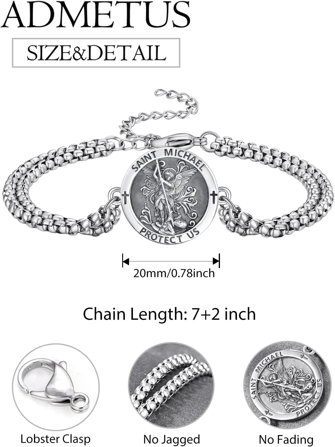 ADMETUS 925 Sterling Silver Amulet Bracelet | Patron Saint Bracelet for Men with 7" 2" Adjustable Chain