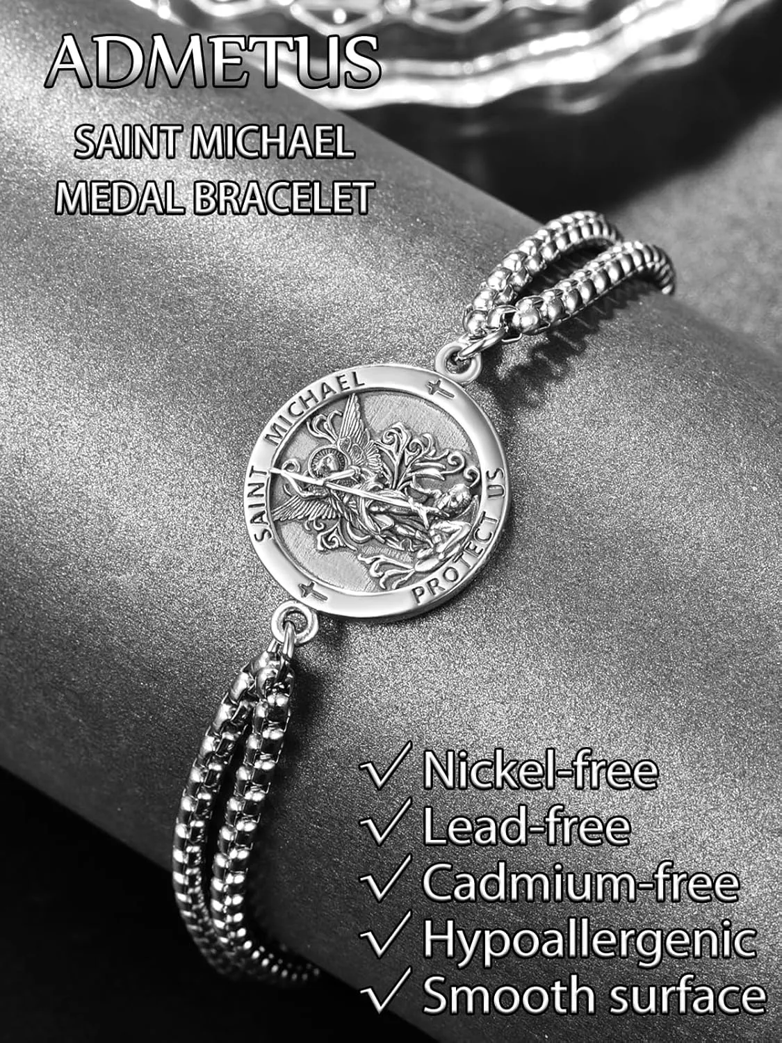 ADMETUS 925 Sterling Silver Amulet Bracelet | Patron Saint Bracelet for Men with 7" 2" Adjustable Chain