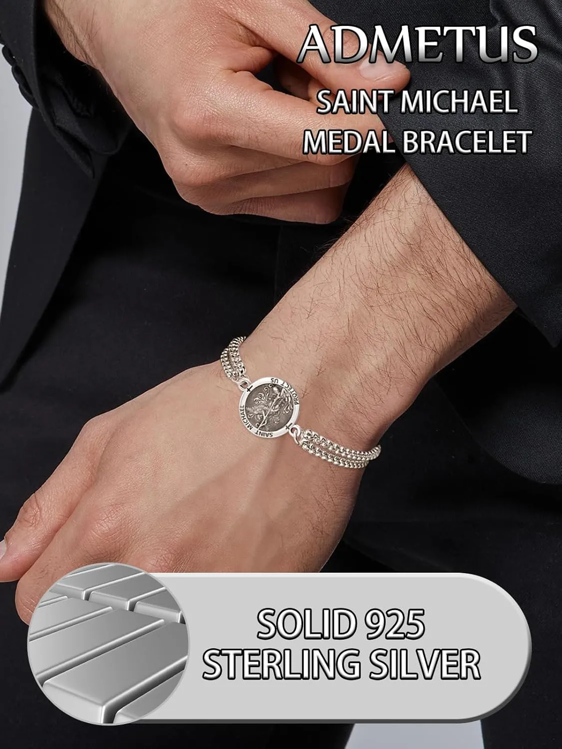 ADMETUS 925 Sterling Silver Amulet Bracelet | Patron Saint Bracelet for Men with 7" 2" Adjustable Chain