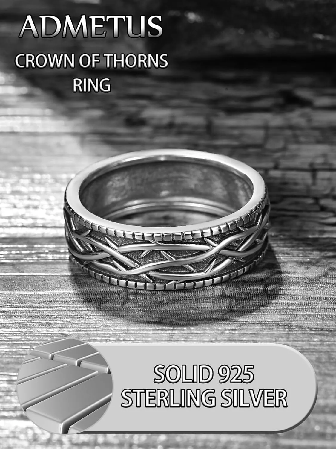 ADMETUS 925 Sterling Silver Crown of Thorns Rings Jesus Thorn Crown Band Rings for Men Thorn Ring Jewelry Gifts for Men Ring Size 5-15