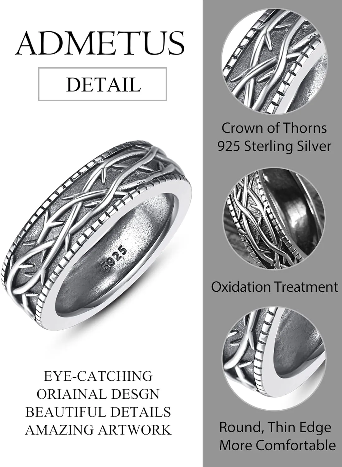 ADMETUS 925 Sterling Silver Crown of Thorns Rings Jesus Thorn Crown Band Rings for Men Thorn Ring Jewelry Gifts for Men Ring Size 5-15