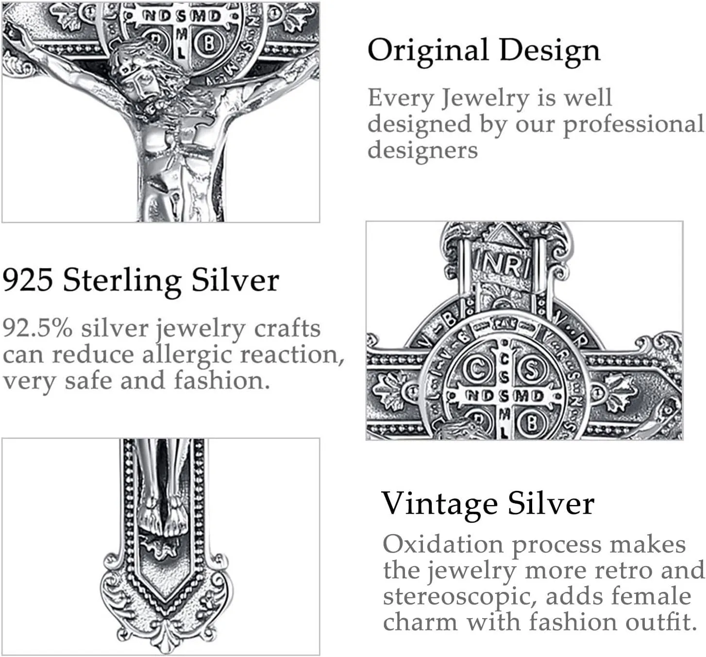 AEONSLOVE 925 Sterling Silver Saint Benedict/St Michael/Cruz de Caravaca Pendant Necklace Religious Gifts for Women Men