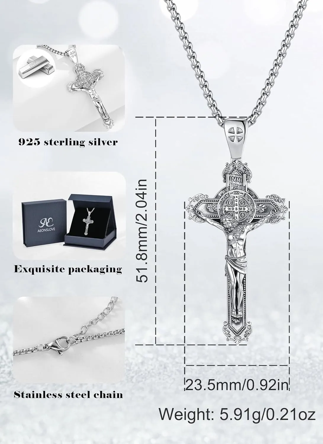AEONSLOVE 925 Sterling Silver Saint Benedict/St Michael/Cruz de Caravaca Pendant Necklace Religious Gifts for Women Men
