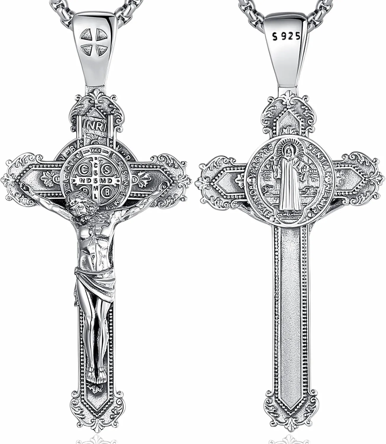 AEONSLOVE 925 Sterling Silver Saint Benedict/St Michael/Cruz de Caravaca Pendant Necklace Religious Gifts for Women Men