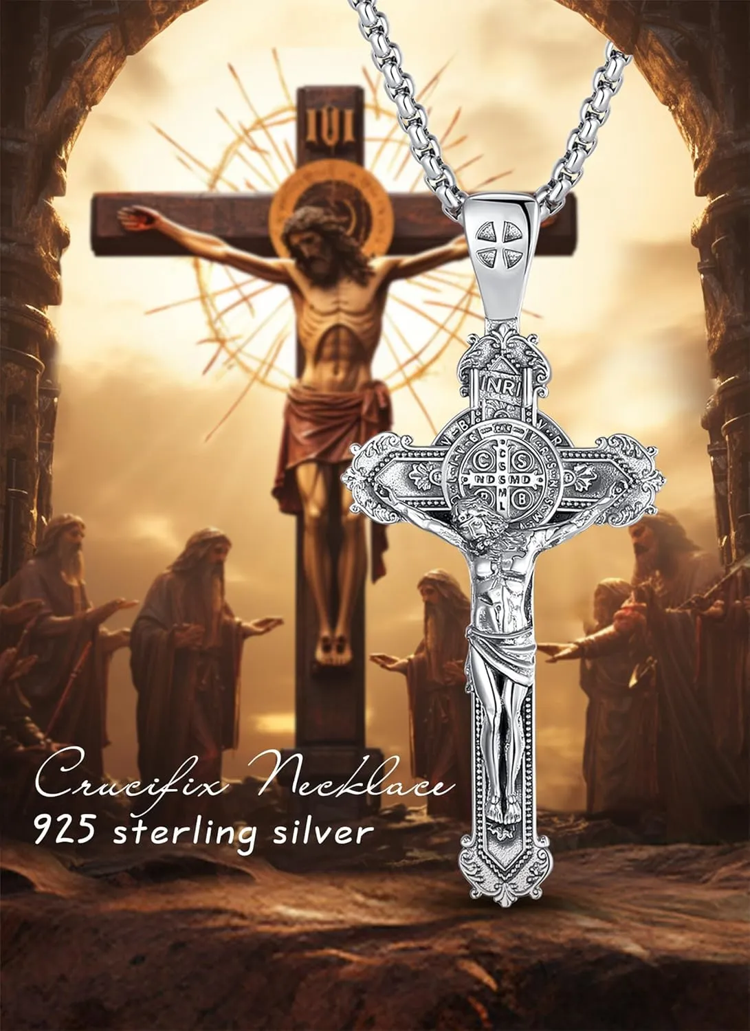 AEONSLOVE 925 Sterling Silver Saint Benedict/St Michael/Cruz de Caravaca Pendant Necklace Religious Gifts for Women Men