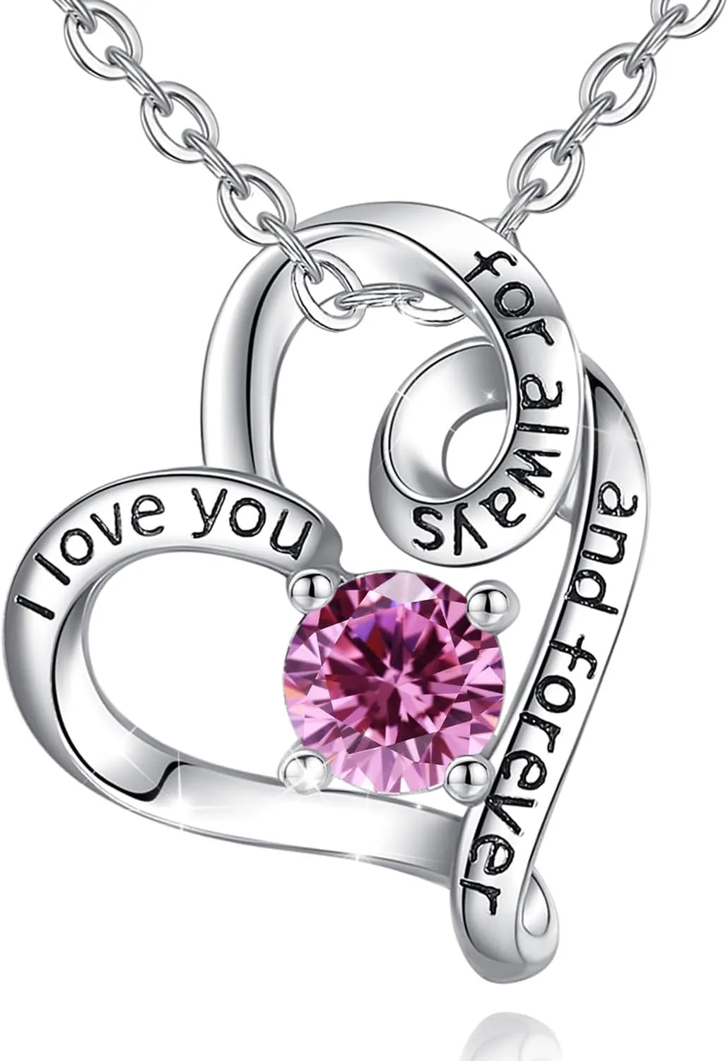 AEONSLOVE Sterling Silver Heart Necklaces October Birthstone Pendant Necklace Pink Jewelry Birthday Gifts for Women Mom Teen Girls Wife Girlfriend Mother Daughter I Love You for Always and Forever